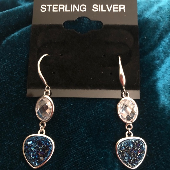 Titanium Druzy Agate & Quartz Sterling Silver French Hook Earrings - Picture 3 of 5